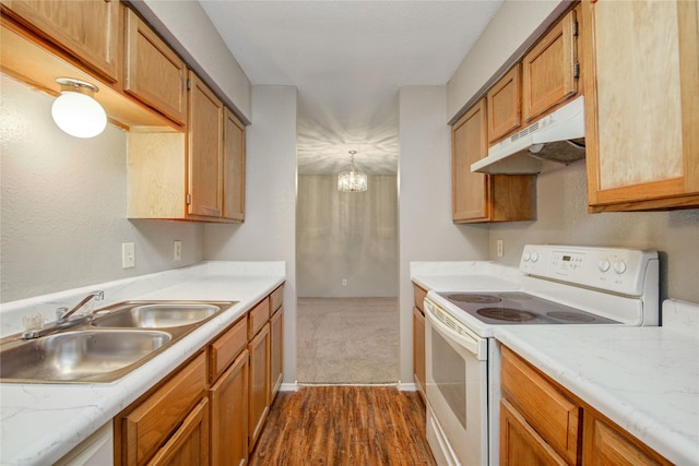 9700 Leawood Blvd Unit 7/16, Houston, TX 77099 - kitchen with white range with electric stovetop, under cabinet range hood, a sink, light countertops, and dark wood finished floors