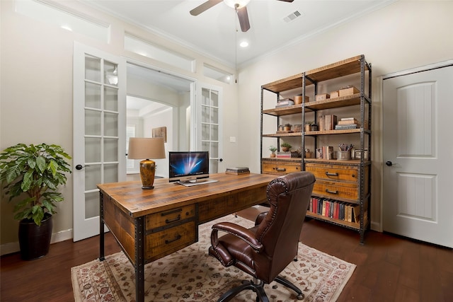 6015 Verde Place Ln, Katy, TX 77493 - home office featuring crown molding, ceiling fan, dark wood-style floors, and recessed lighting