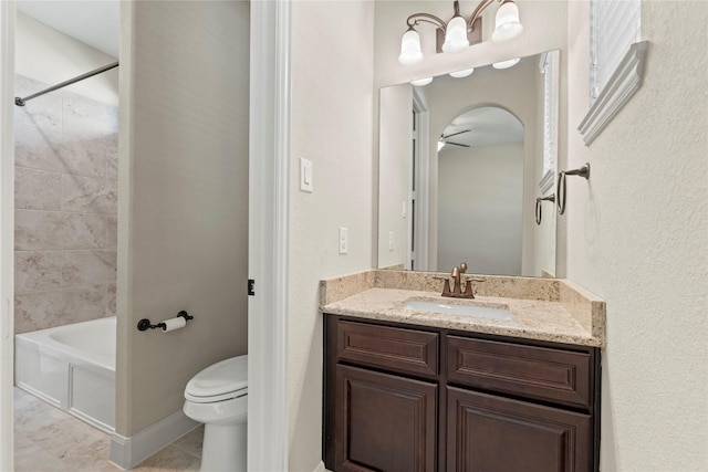 6015 Verde Place Ln, Katy, TX 77493 - full bath with vanity, shower / washtub combination, toilet, tile patterned flooring, and a ceiling fan