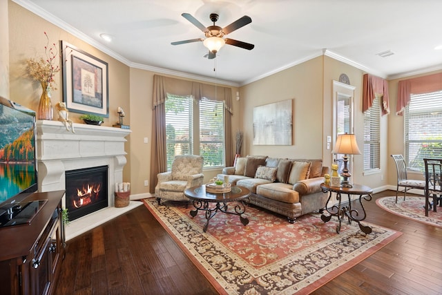 24119 Blue Crest Dr, Porter, TX 77365 - living room with a ceiling fan, a glass covered fireplace, hardwood / wood-style flooring, baseboards, and ornamental molding