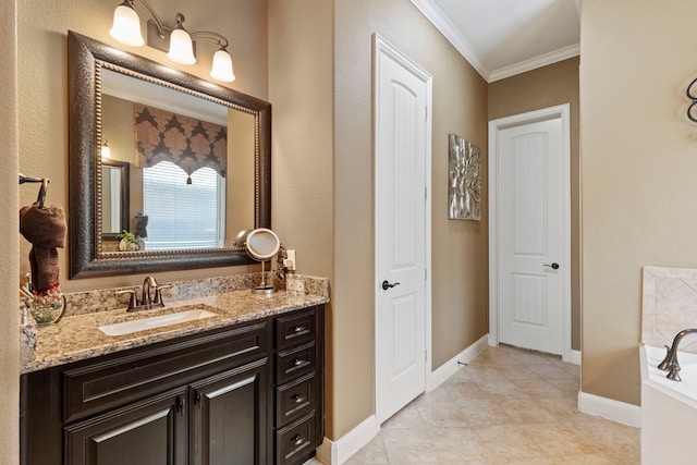24119 Blue Crest Dr, Porter, TX 77365 - full bathroom with crown molding, vanity, tile patterned floors, a tub, and baseboards