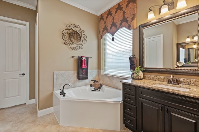 24119 Blue Crest Dr, Porter, TX 77365 - full bath featuring vanity, a bath, crown molding, and tile patterned floors
