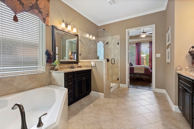 24119 Blue Crest Dr, Porter, TX 77365 - bathroom featuring vanity, a bath, a shower stall, crown molding, and tile patterned floors