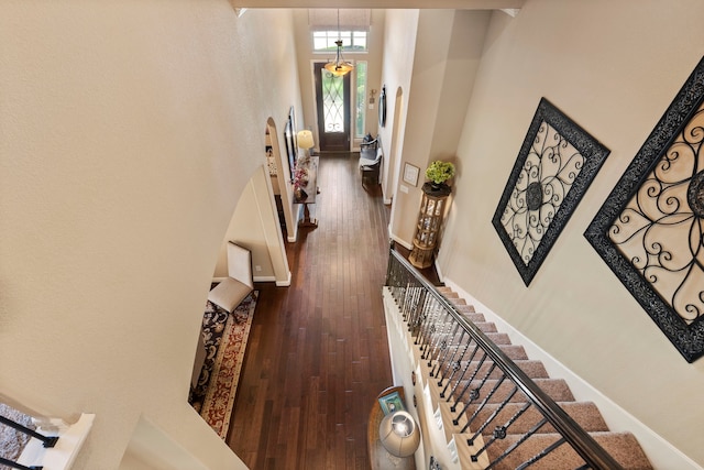 24119 Blue Crest Dr, Porter, TX 77365 - hall featuring a towering ceiling, dark wood-style floors, baseboards, and stairs