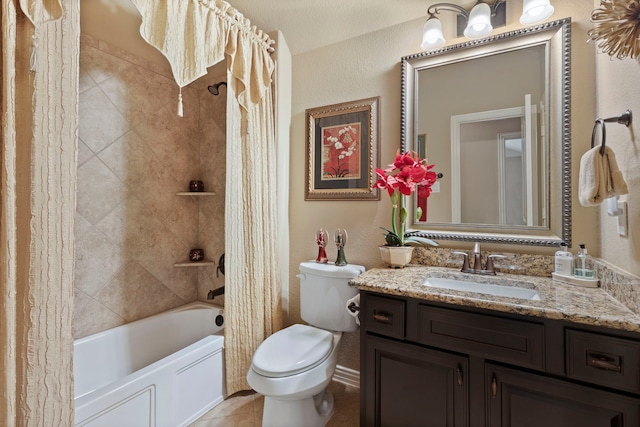 24119 Blue Crest Dr, Porter, TX 77365 - bathroom featuring vanity, toilet, shower / bath combo with shower curtain, and tile patterned floors