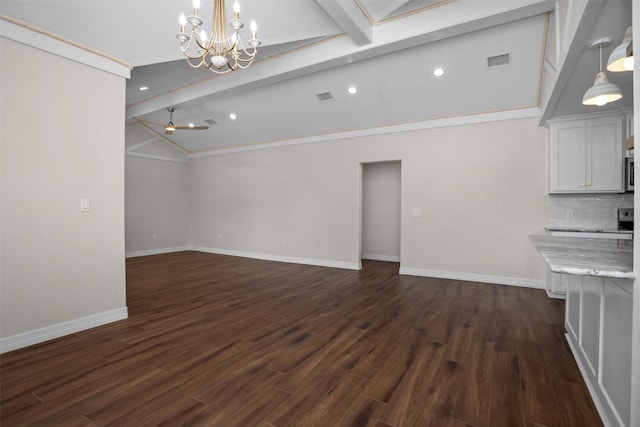 809 E Bowie Ave, Crockett, TX 75835 - unfurnished living room featuring a chandelier, baseboards, dark wood-style floors, crown molding, and recessed lighting