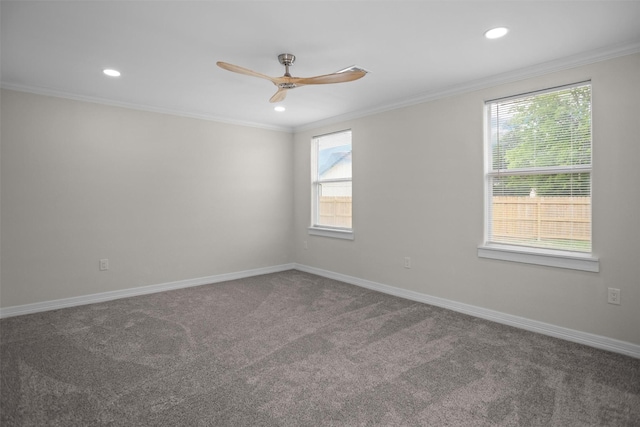 809 E Bowie Ave, Crockett, TX 75835 - spare room featuring a ceiling fan, recessed lighting, crown molding, carpet floors, and baseboards