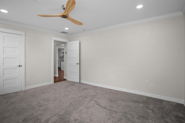 809 E Bowie Ave, Crockett, TX 75835 - unfurnished bedroom featuring carpet floors, ornamental molding, recessed lighting, baseboards, and ceiling fan