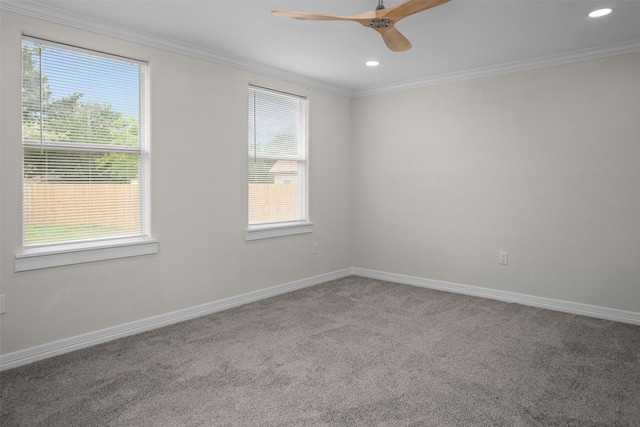 809 E Bowie Ave, Crockett, TX 75835 - carpeted empty room with crown molding, ceiling fan, recessed lighting, and baseboards