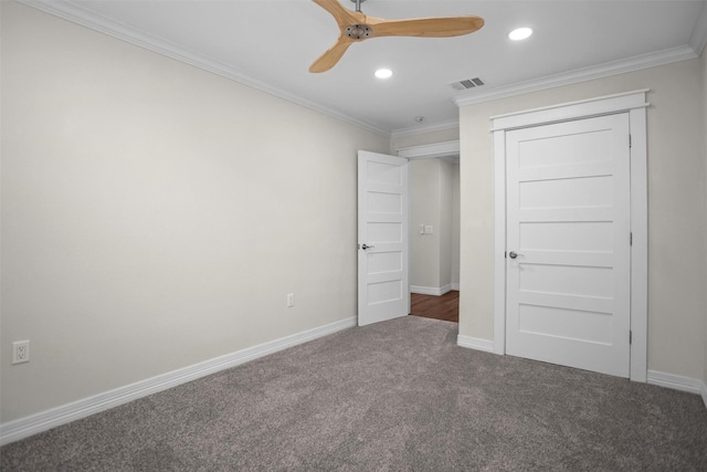 809 E Bowie Ave, Crockett, TX 75835 - unfurnished bedroom with carpet, ornamental molding, baseboards, recessed lighting, and ceiling fan
