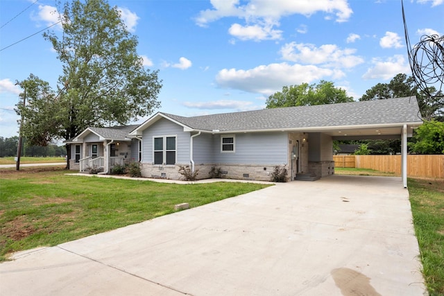 809 E Bowie Ave, Crockett, TX 75835 - ranch-style home featuring concrete driveway, a porch, a shingled roof, an attached carport, and crawl space