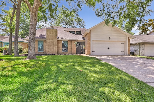 19011 Sandia Pines Dr, Humble, TX 77346 - mid-century home featuring an attached garage, brick siding, roof with shingles, a front lawn, and concrete driveway