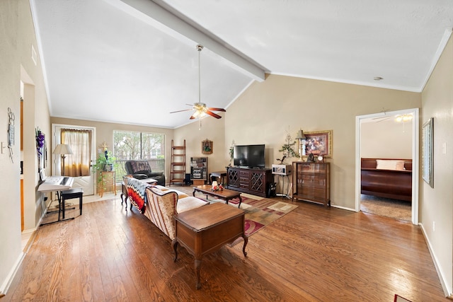 907 S Peach Hollow Ct, Pearland, TX 77584 - living room featuring a ceiling fan, wood-type flooring, beamed ceiling, baseboards, and high vaulted ceiling