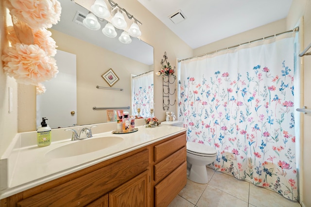 907 S Peach Hollow Ct, Pearland, TX 77584 - bathroom featuring tile patterned flooring, vanity, toilet, and curtained shower