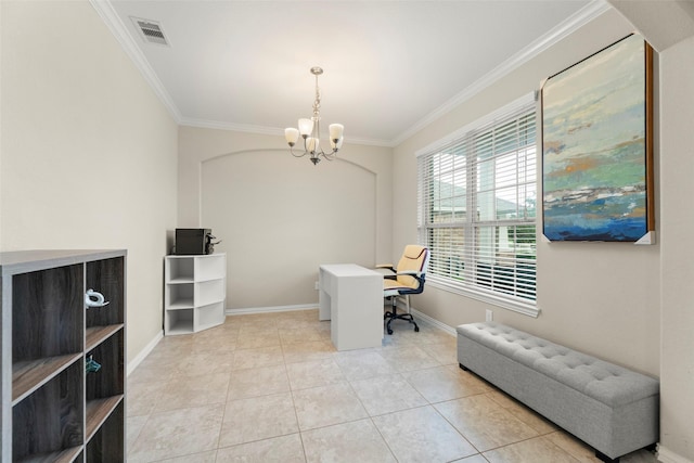 20511 Noble Ranch Ct, Richmond, TX 77407 - home office with ornamental molding, a chandelier, light tile patterned floors, and baseboards