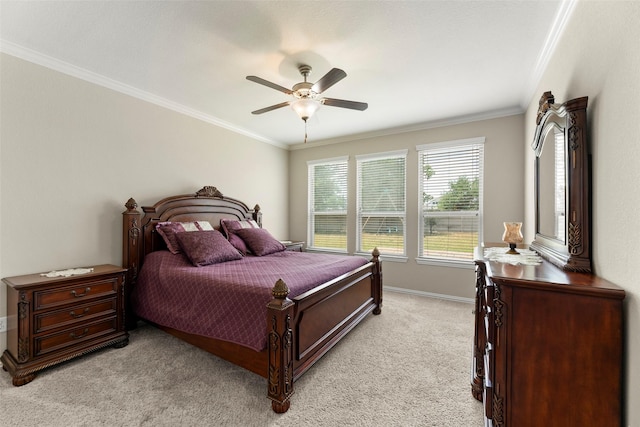 20511 Noble Ranch Ct, Richmond, TX 77407 - bedroom featuring crown molding, light colored carpet, baseboards, and ceiling fan