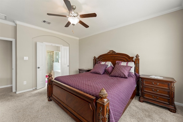 20511 Noble Ranch Ct, Richmond, TX 77407 - bedroom with light colored carpet, ornamental molding, baseboards, ceiling fan, and ensuite bath