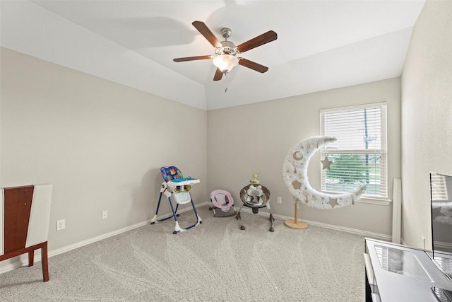 20511 Noble Ranch Ct, Richmond, TX 77407 - miscellaneous room featuring carpet floors, ceiling fan, baseboards, and lofted ceiling