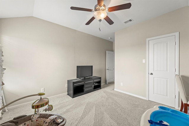 20511 Noble Ranch Ct, Richmond, TX 77407 - recreation room featuring carpet, a ceiling fan, baseboards, and vaulted ceiling
