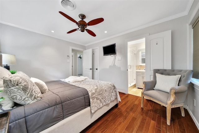 1146 Chamboard Ln, Houston, TX 77018 - bedroom with ornamental molding, wood finished floors, recessed lighting, connected bathroom, and a ceiling fan