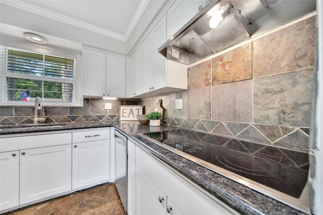 1146 Chamboard Ln, Houston, TX 77018 - kitchen with black electric cooktop, ornamental molding, white cabinets, a sink, and decorative backsplash