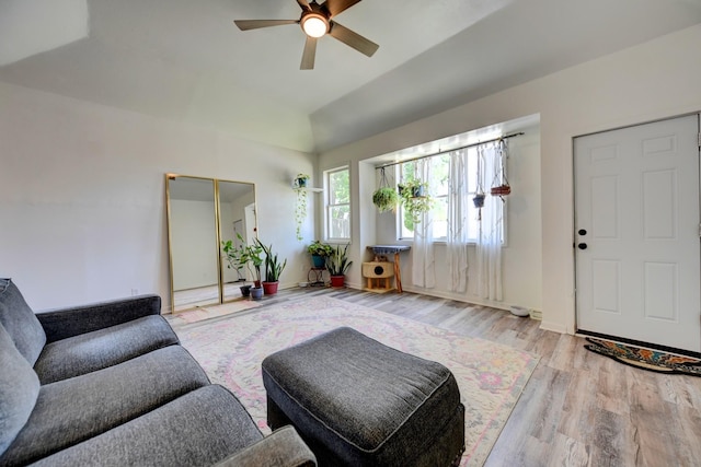 213 N Austin St, Brenham, TX 77833 - living room featuring ceiling fan, wood finished floors, and lofted ceiling