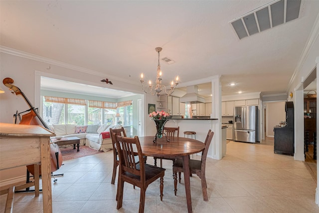 10318 Raritan Dr, Houston, TX 77043 - dining area with crown molding, light tile patterned flooring, and a chandelier