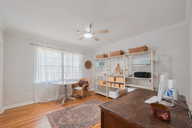 10318 Raritan Dr, Houston, TX 77043 - office with ornamental molding, light wood-type flooring, ceiling fan, and baseboards