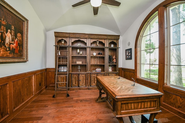866 Myrtlea Ln, Houston, TX 77079 - office area with a wainscoted wall, lofted ceiling, ceiling fan, dark wood-style floors, and wooden walls