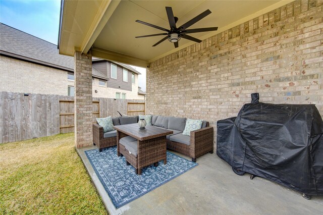 2432 Solaris Bend Dr, Katy, TX 77493 - view of patio with outdoor lounge area, ceiling fan, and grilling area