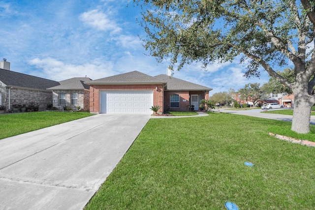 2202 Donrel Way, Houston, TX 77067 - ranch-style house with an attached garage, concrete driveway, brick siding, and a front yard