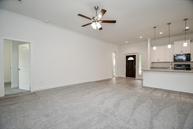 6607 Apollo, Houston, TX 77091 - unfurnished living room with crown molding, light carpet, arched walkways, ceiling fan, and baseboards