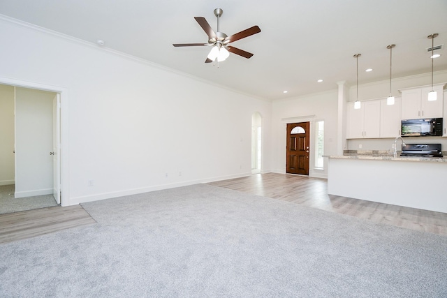 6822 Tuskegee St, Houston, TX 77091 - unfurnished living room with light colored carpet, crown molding, ceiling fan, arched walkways, and baseboards