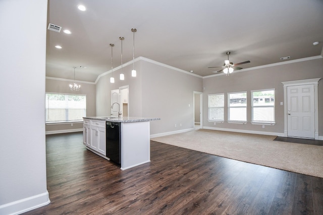 6710 Utah St, Houston, TX 77091 - kitchen featuring black dishwasher, open floor plan, a ceiling fan, dark wood finished floors, and crown molding