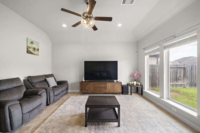 5442 Atwood Canyon Ct, Richmond, TX 77407 - living room featuring lofted ceiling, a ceiling fan, recessed lighting, baseboards, and light wood-style flooring