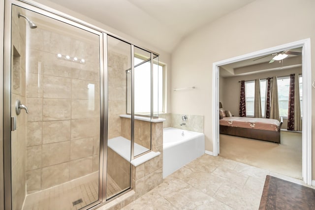 13906 Mowbray Ct, Richmond, TX 77407 - ensuite bathroom with a bath, a shower stall, lofted ceiling, and a ceiling fan