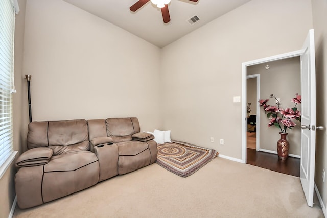 13906 Mowbray Ct, Richmond, TX 77407 - living area with a ceiling fan, carpet floors, vaulted ceiling, and baseboards