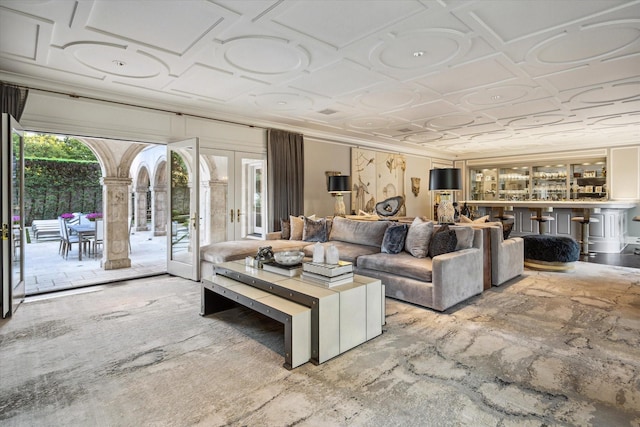 2307 River Oaks Blvd, Houston, TX 77019 - living area featuring french doors and an ornate ceiling