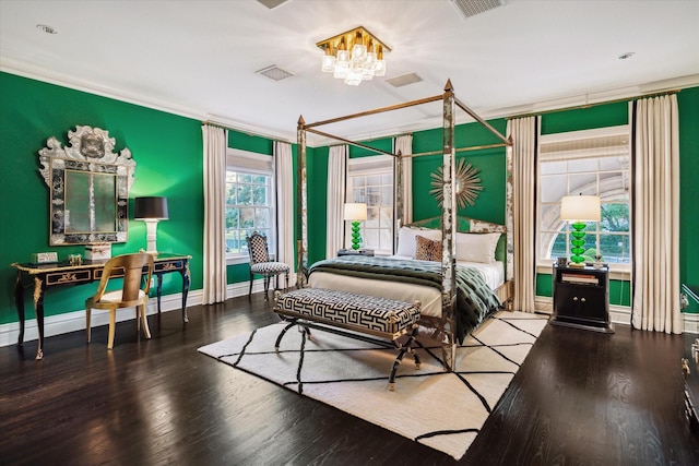 2307 River Oaks Blvd, Houston, TX 77019 - bedroom with baseboards, wood finished floors, a chandelier, and crown molding
