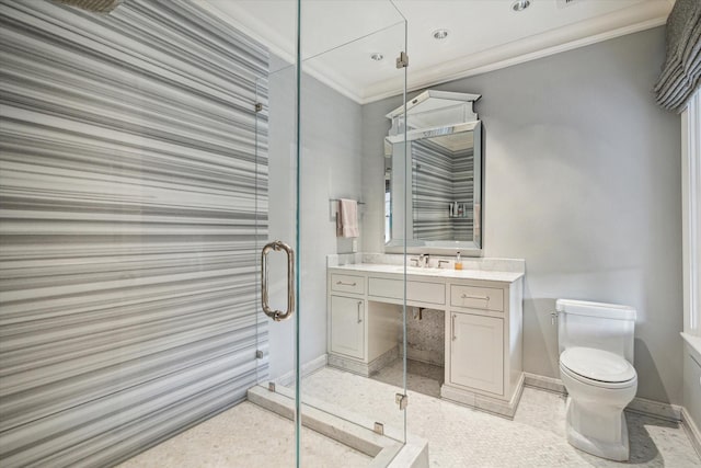 2307 River Oaks Blvd, Houston, TX 77019 - full bath with baseboards, vanity, crown molding, toilet, and a stall shower