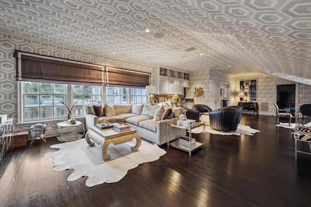 2307 River Oaks Blvd, Houston, TX 77019 - living room featuring wallpapered walls and wood finished floors