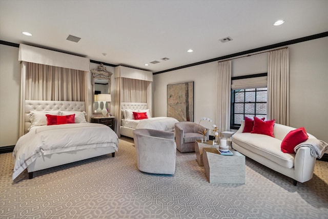 2307 River Oaks Blvd, Houston, TX 77019 - carpeted bedroom with ornamental molding and recessed lighting