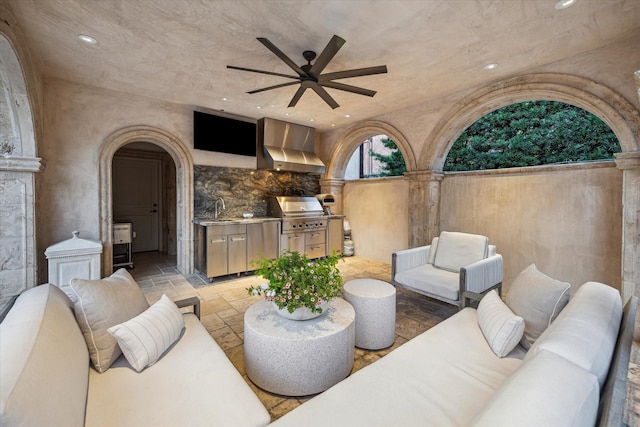 2307 River Oaks Blvd, Houston, TX 77019 - view of patio with an outdoor hangout area, a ceiling fan, and a sink
