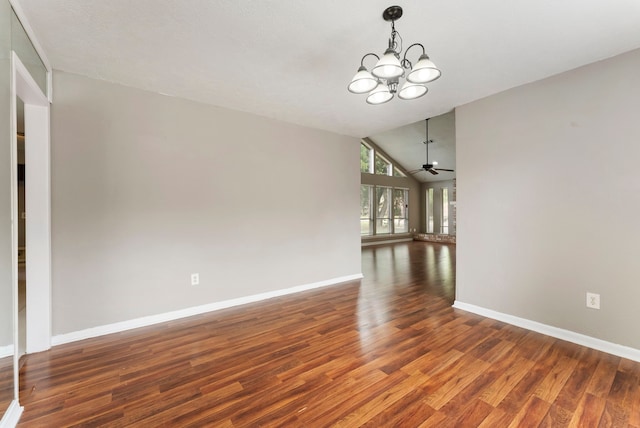 4807 Wind Chimes Dr, Houston, TX 77066 - unfurnished room with a chandelier, wood finished floors, vaulted ceiling, baseboards, and ceiling fan