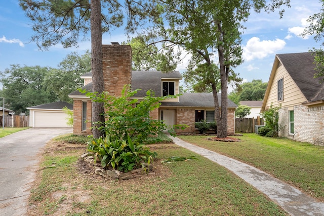 4807 Wind Chimes Dr, Houston, TX 77066 - view of front of house featuring a chimney, brick siding, an outbuilding, a shingled roof, and a garage
