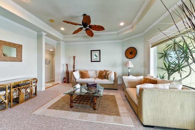 4115 Sand Hill Ct, Galveston, TX 77554 - carpeted living room with a raised ceiling, crown molding, ceiling fan, baseboards, and recessed lighting