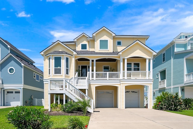 4115 Sand Hill Ct, Galveston, TX 77554 - coastal inspired home featuring an attached garage, covered porch, stairs, and driveway