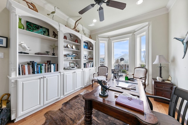 4115 Sand Hill Ct, Galveston, TX 77554 - office space featuring ornamental molding, light wood-style floors, ceiling fan, and recessed lighting