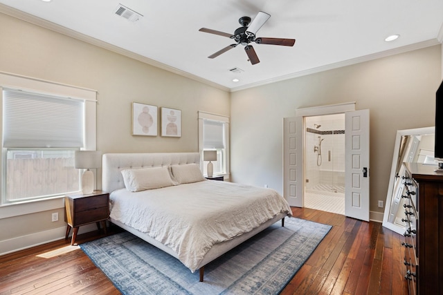 807 Vincent St, Houston, TX 77009 - bedroom with ornamental molding, dark wood-style flooring, baseboards, ensuite bathroom, and a ceiling fan