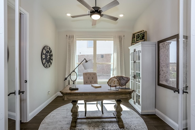 17333 July Moon Ln, Conroe, TX 77302 - home office featuring french doors, baseboards, ceiling fan, recessed lighting, and vaulted ceiling